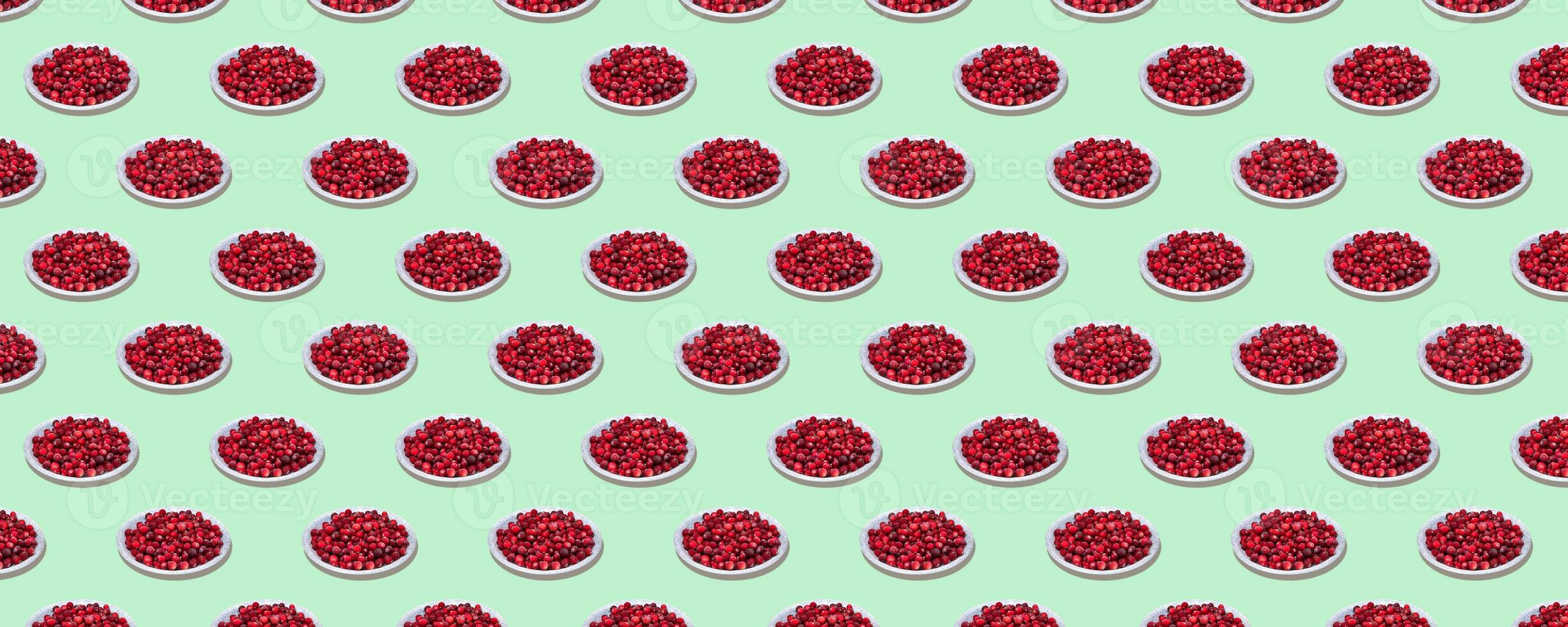 Seamless pattern plates with cranberries isolated on a light green background. photo