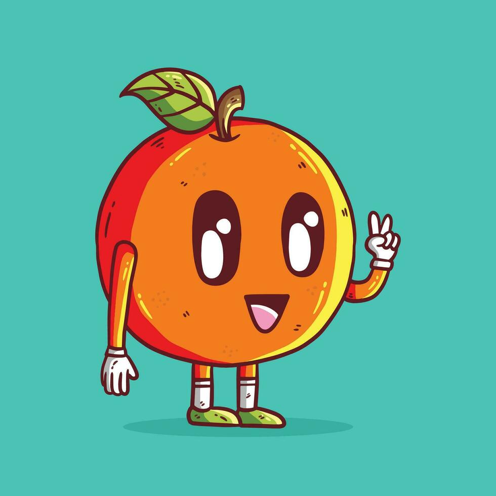 Cute cartoon vector illustration of Orange fruit in peace hand gesture. Orange fruit mascot character. Orange vector.