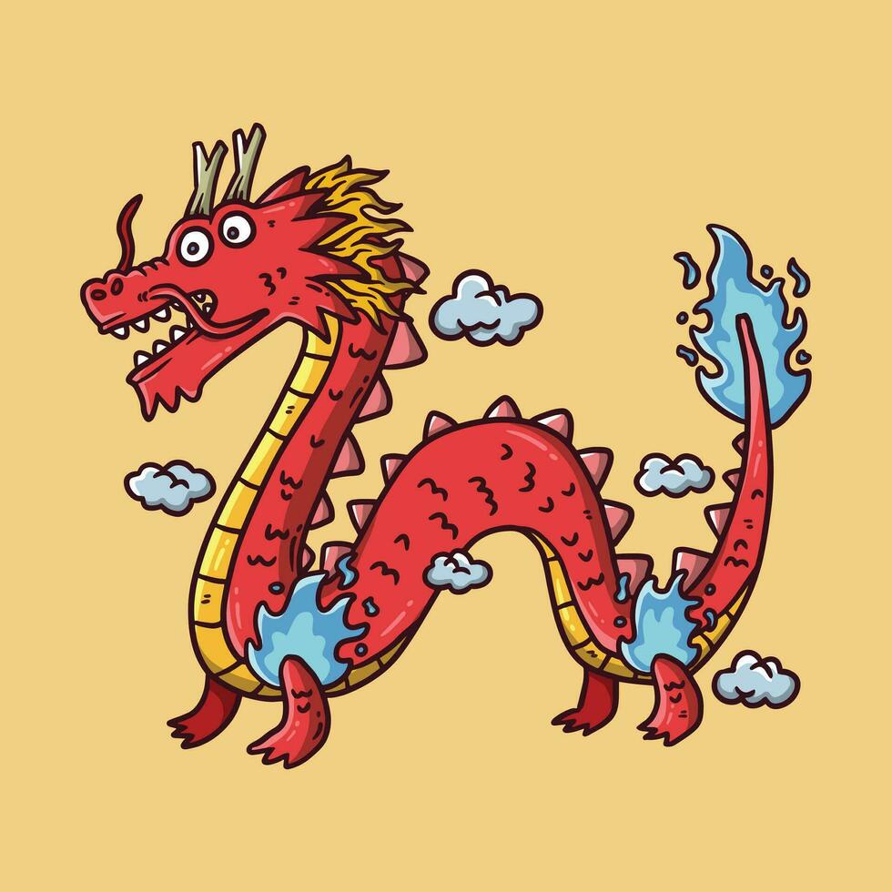 Cartoon mascot vector illustration of Red Dragon with blue flame. Dragon zodiac vector cartoon illustration