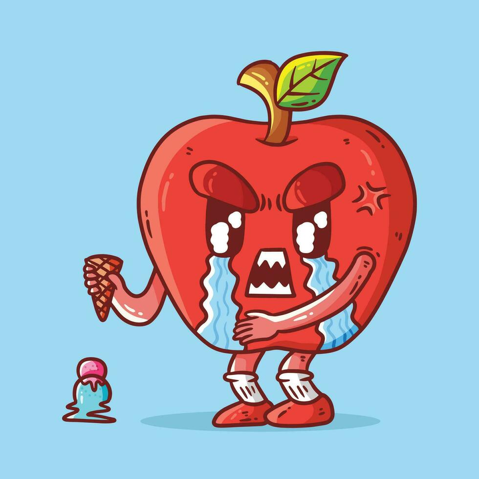 Cute apple fruit mascot character crying on his falling ice cream vector cartoon illustration. Apple Vector cartoon illustration