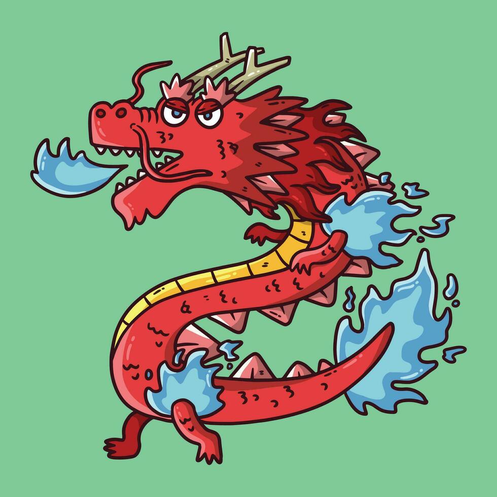 Cute cartoon vector illustration of Red Dragon with blue flame. Dragon zodiac vector illustration