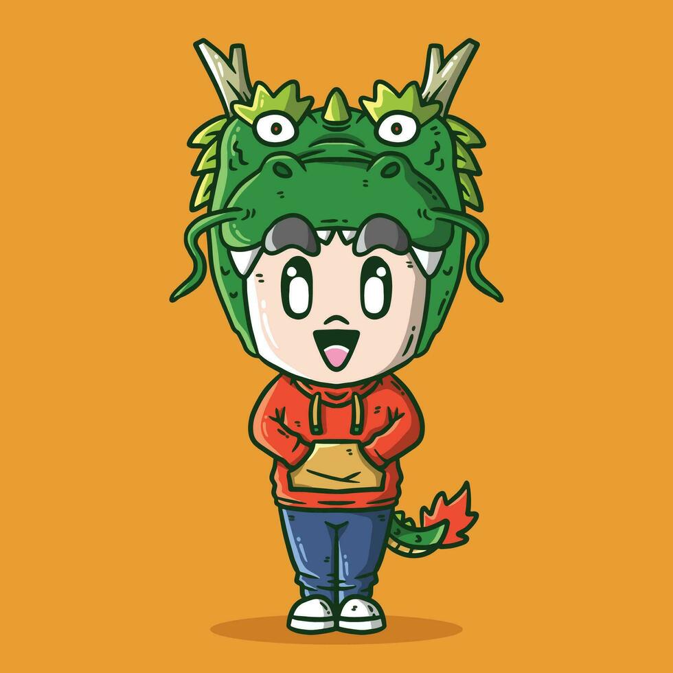 Cute mascot cartoon vector illustration of a Boy wearing cute green Dragon hat. Dragon zodiac vector illustration.