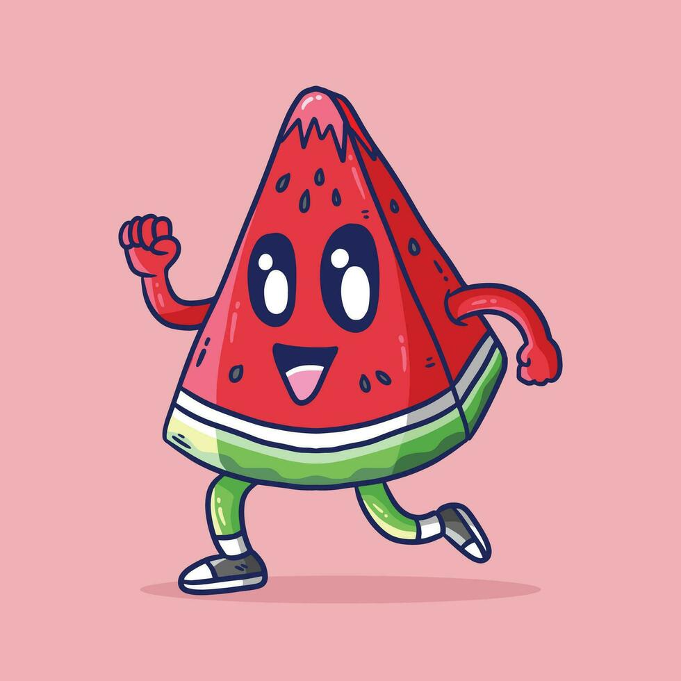 Cute cartoon vector illustration of Watermelon slice running.Watermelon fruit mascot vector