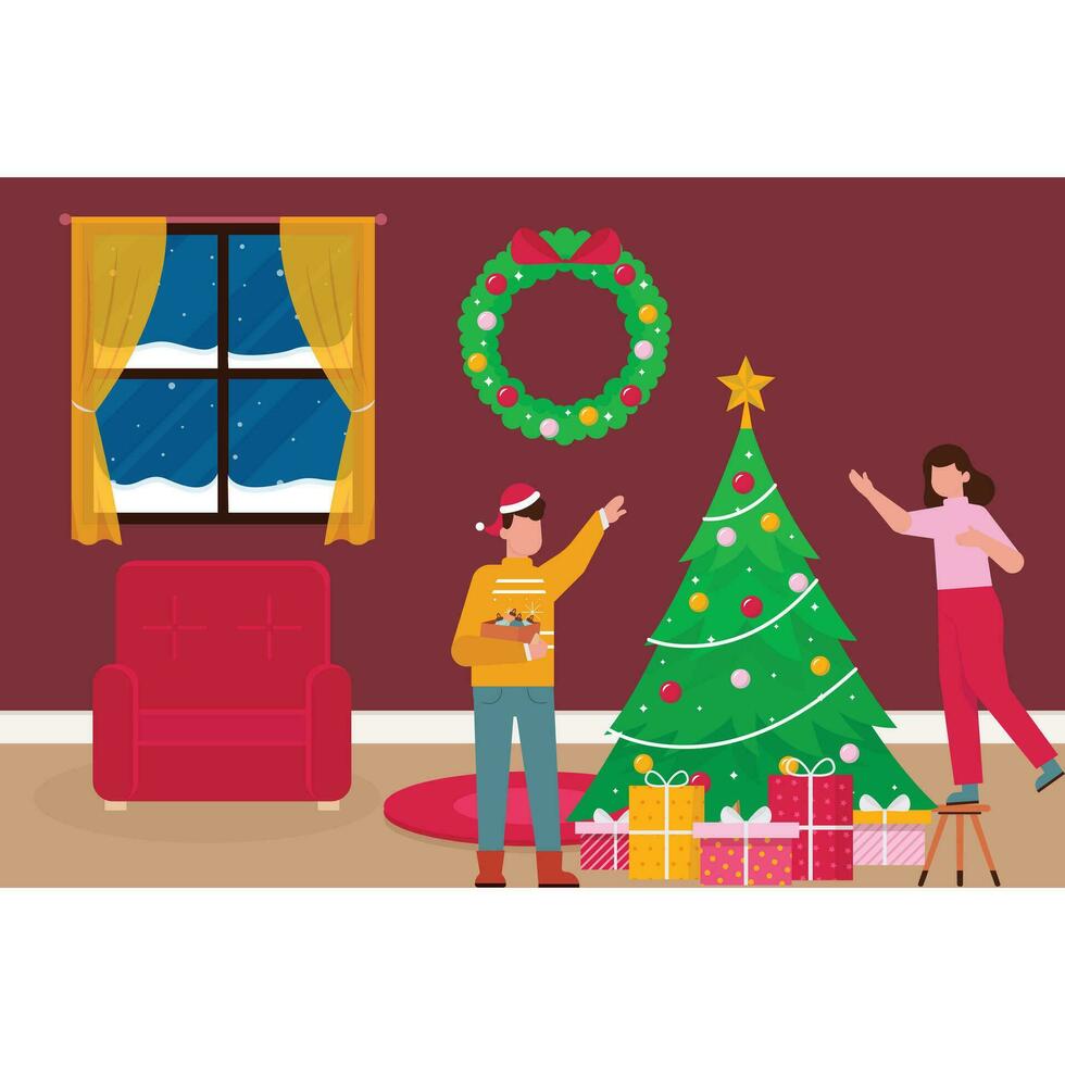 Two little kids opening Christmas gifts Which Can Easily Modify Or Edit vector