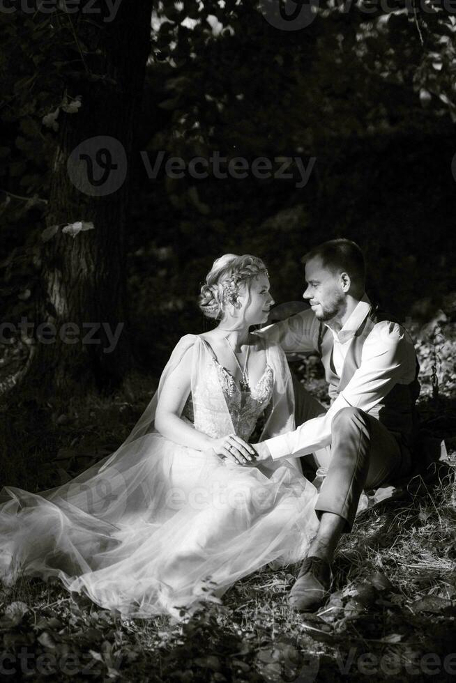 wedding walk of the bride and groom in a coniferous in elven accessories photo