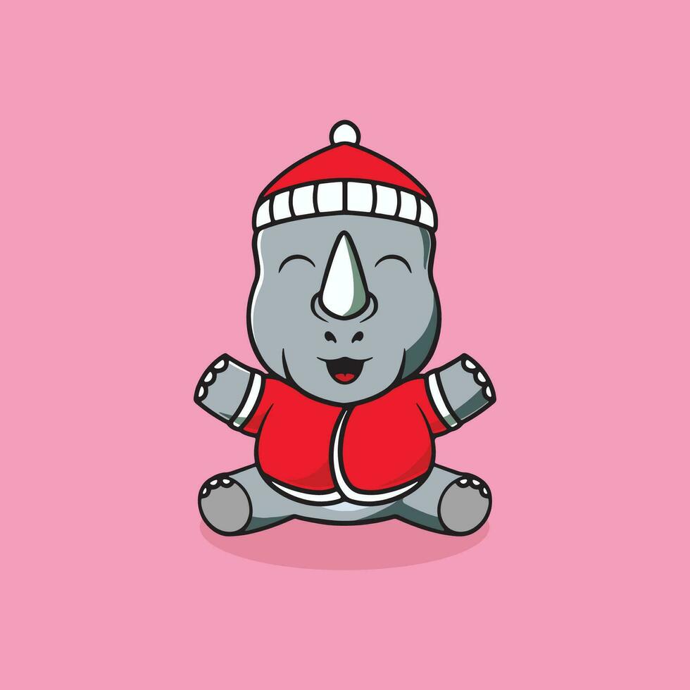 Cute rhino ready for christmas cartoon illustration vector