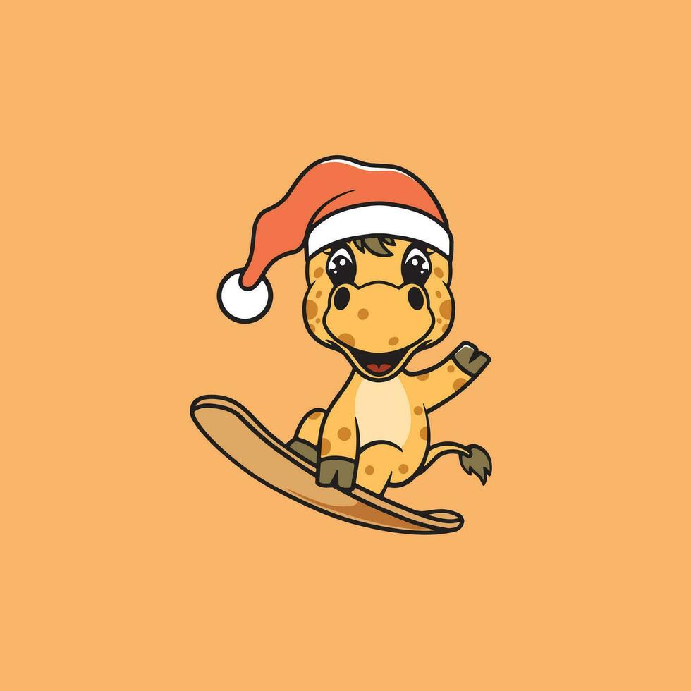 Cute giraffe snowboarding on christmas cartoon illustration vector