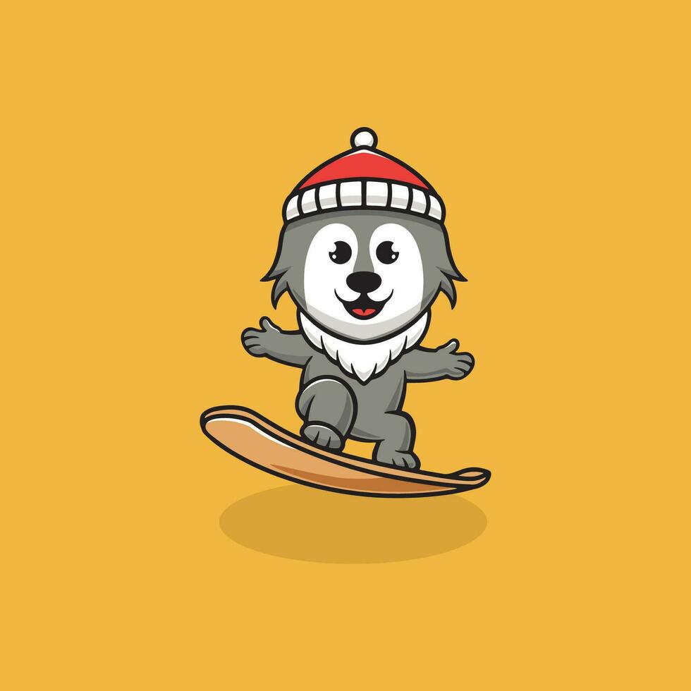 Cute wolf snowboarding at christmas cartoon illustration vector