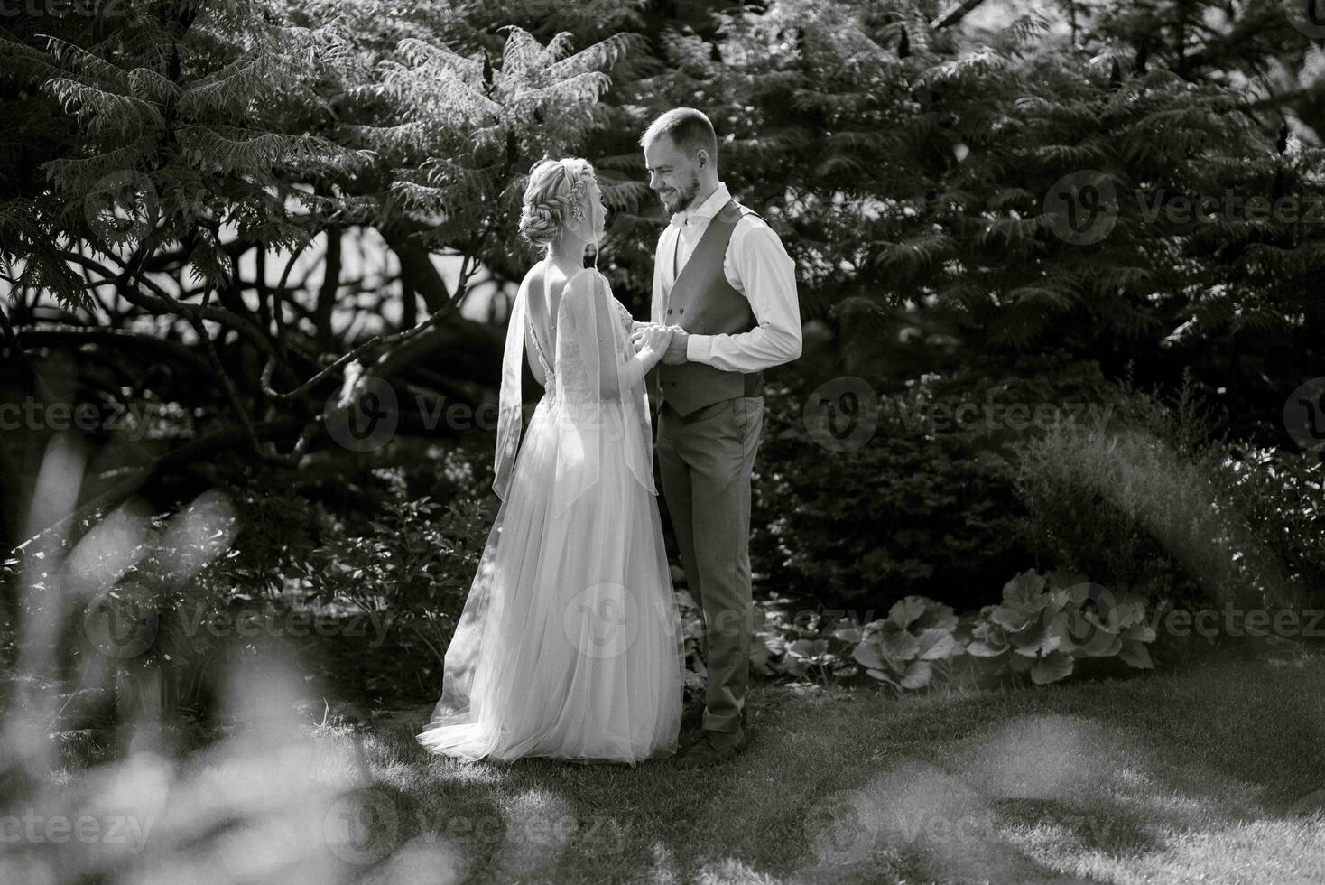 wedding walk of the bride and groom in a coniferous in elven accessories photo