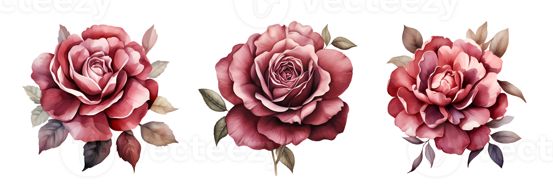 Burgundy flowers watercolor clipart illustration with isolated background. AI Generative png