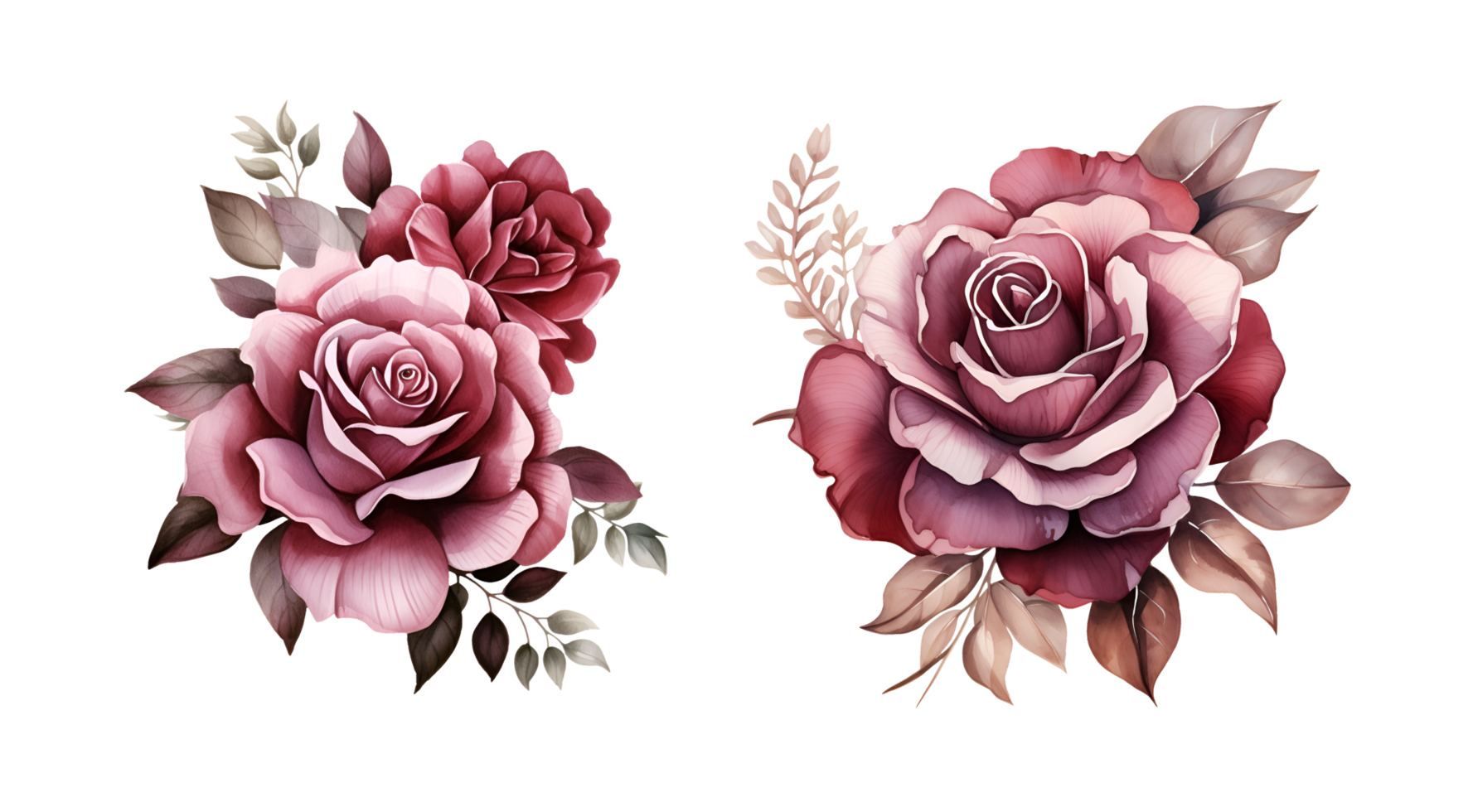 Burgundy flowers watercolor clipart illustration with isolated background. AI Generative png