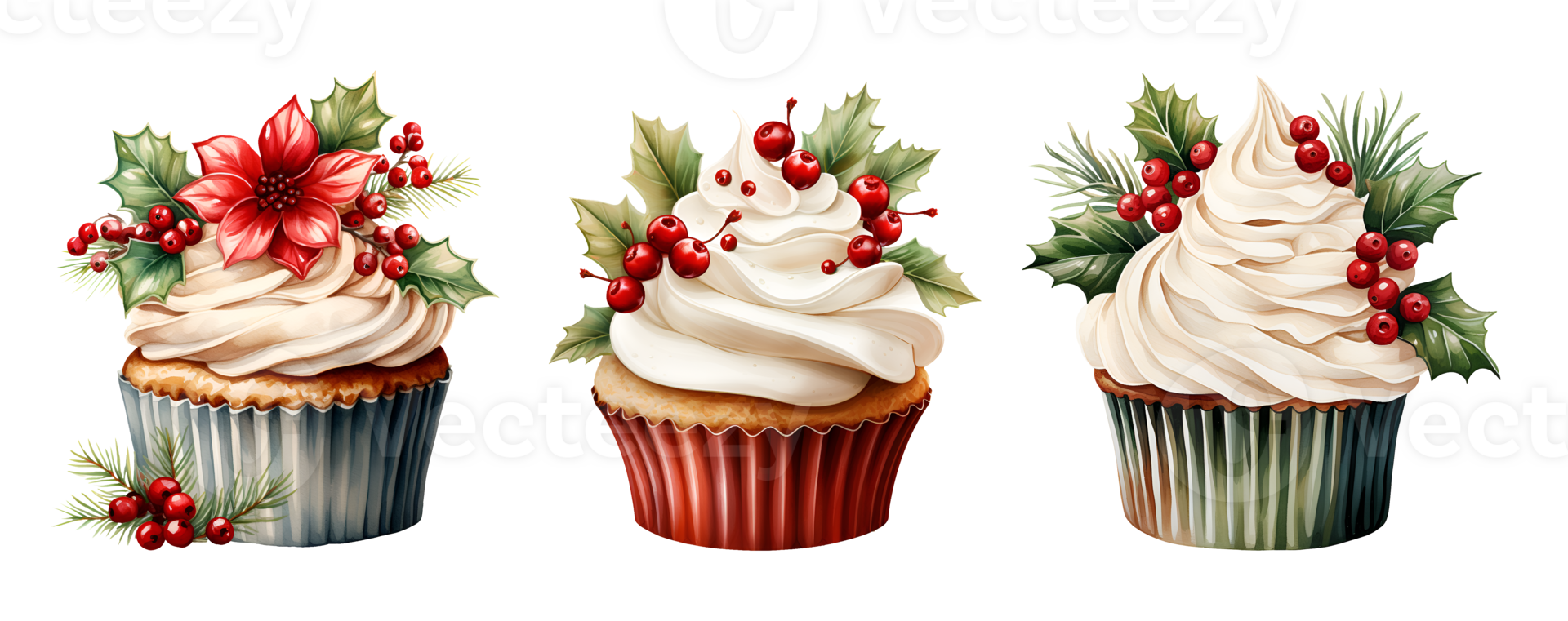 Christmas cupcake watercolor clipart illustration with isolated background. AI Generative png