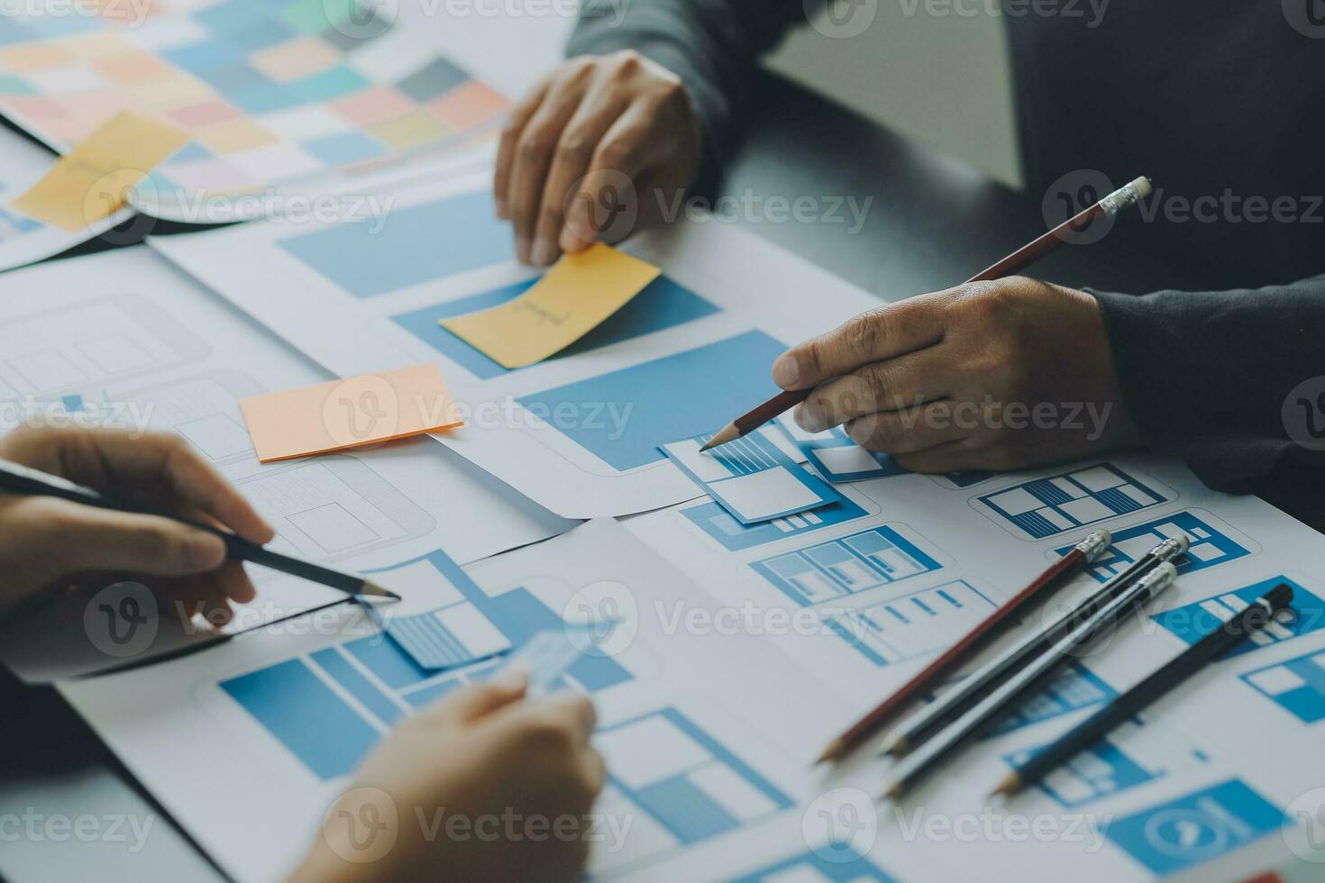 ux Graphic designer creative sketch planning application process development prototype wireframe for web mobile phone . User experience concept. photo