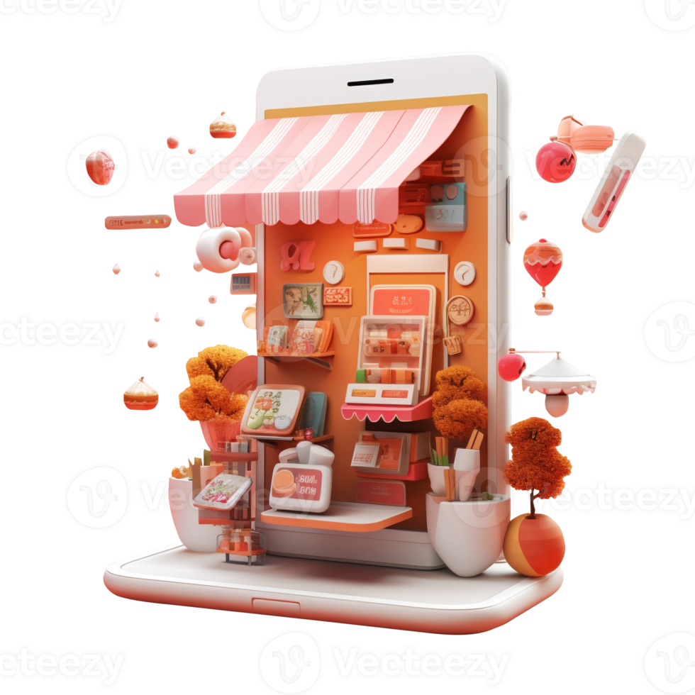 Online shopping store on mobile phone graphic Online shopping showcase Digital store on mobile phone screen Online shopping ad design Online shopping flat design Ai Generated png