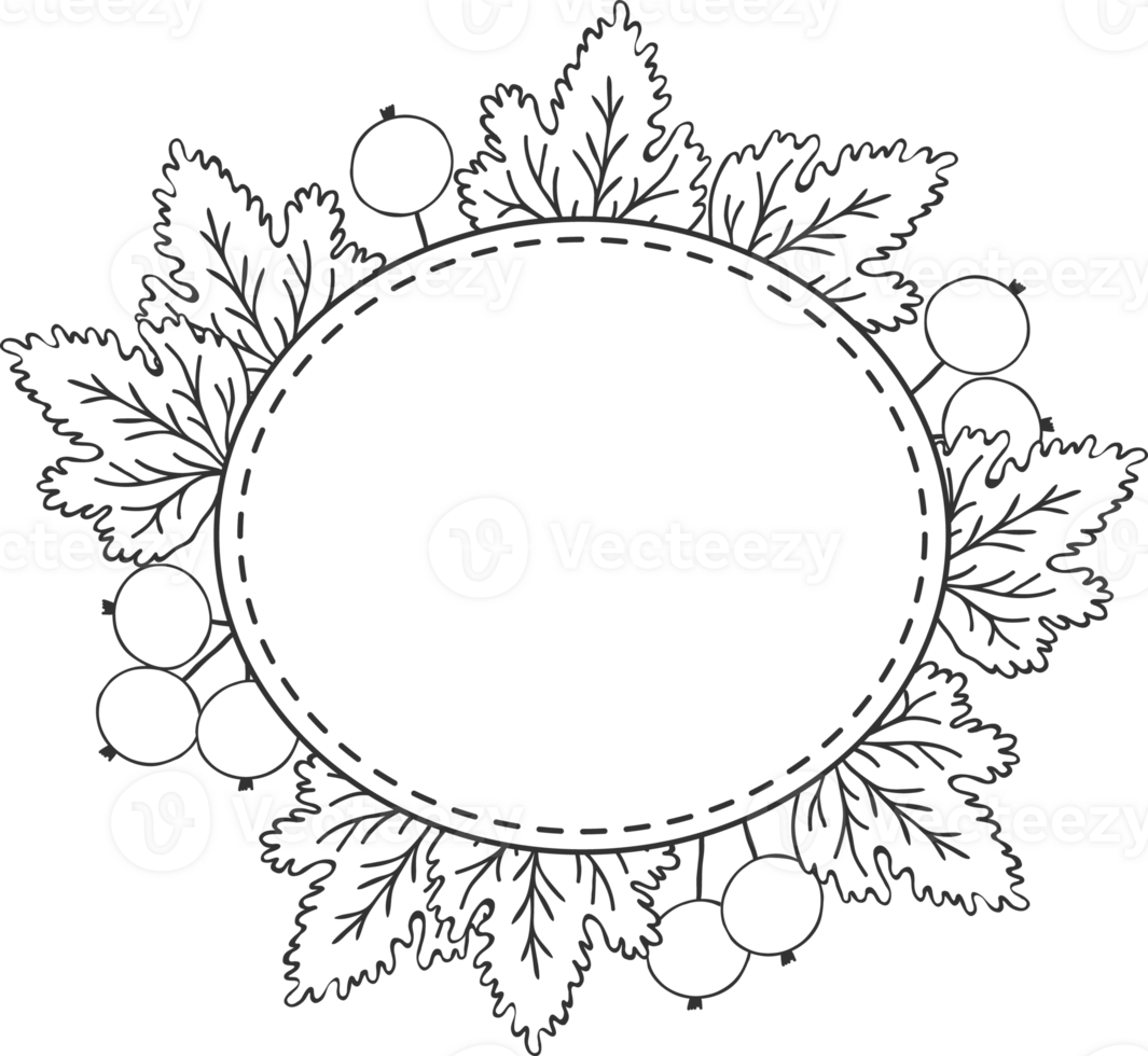Rounded frame with leaves and currant berries, illustration drawing with black outline png