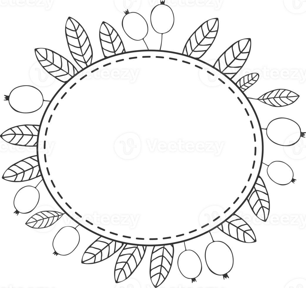 Cranberries rounded frame - berries and leaves, and place for text, sketch illustration black and white silhouette png