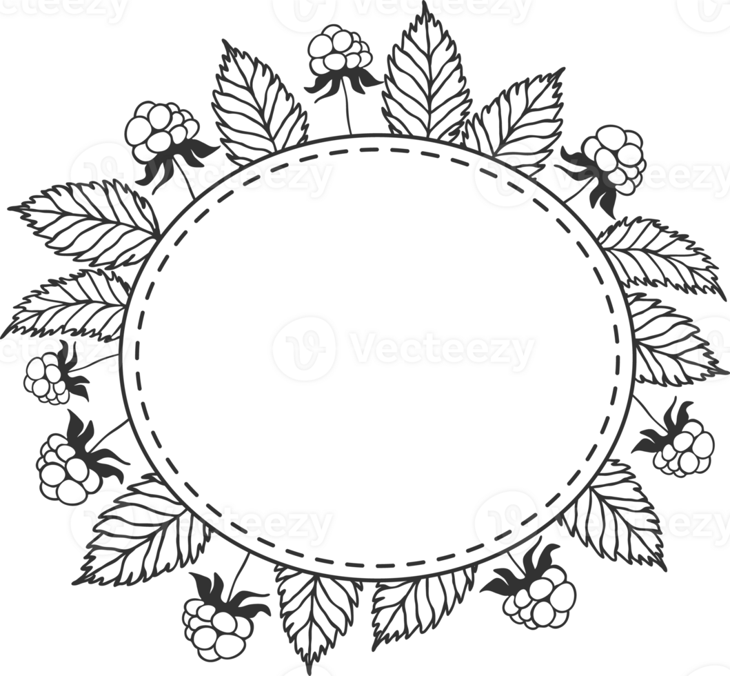 Rounded frame with blackberry leaves and berries, sketch illustration drawing with black outline png