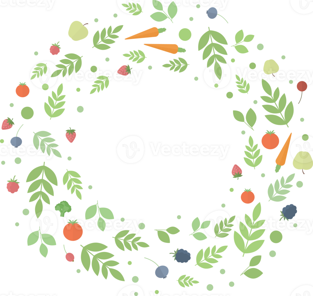 Round frame of berries, fruits and vegetables, green leaves and twigs in flat png