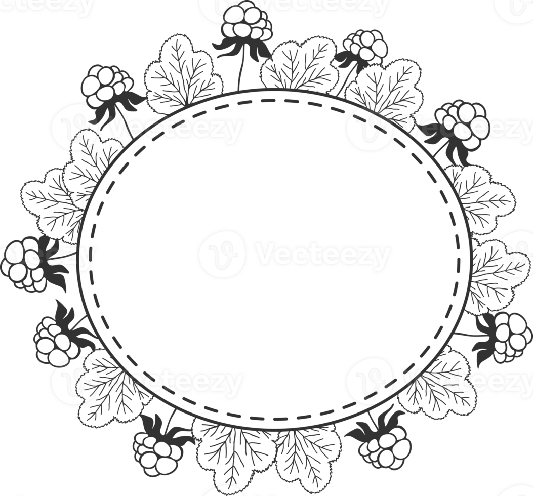 Cloudberry leaves and berries rounded frame, sketch illustration black and white silhouette png