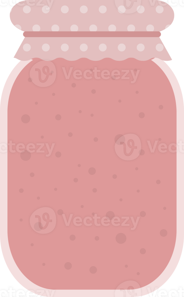 Transparent glass jar with homemade pink jam or juice in flat png