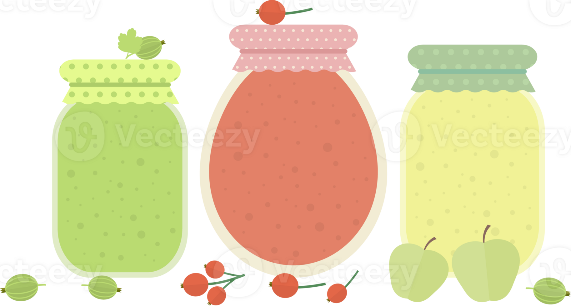 Several jars of homemade jam or juice standing on a table with fruits and berries in flat png