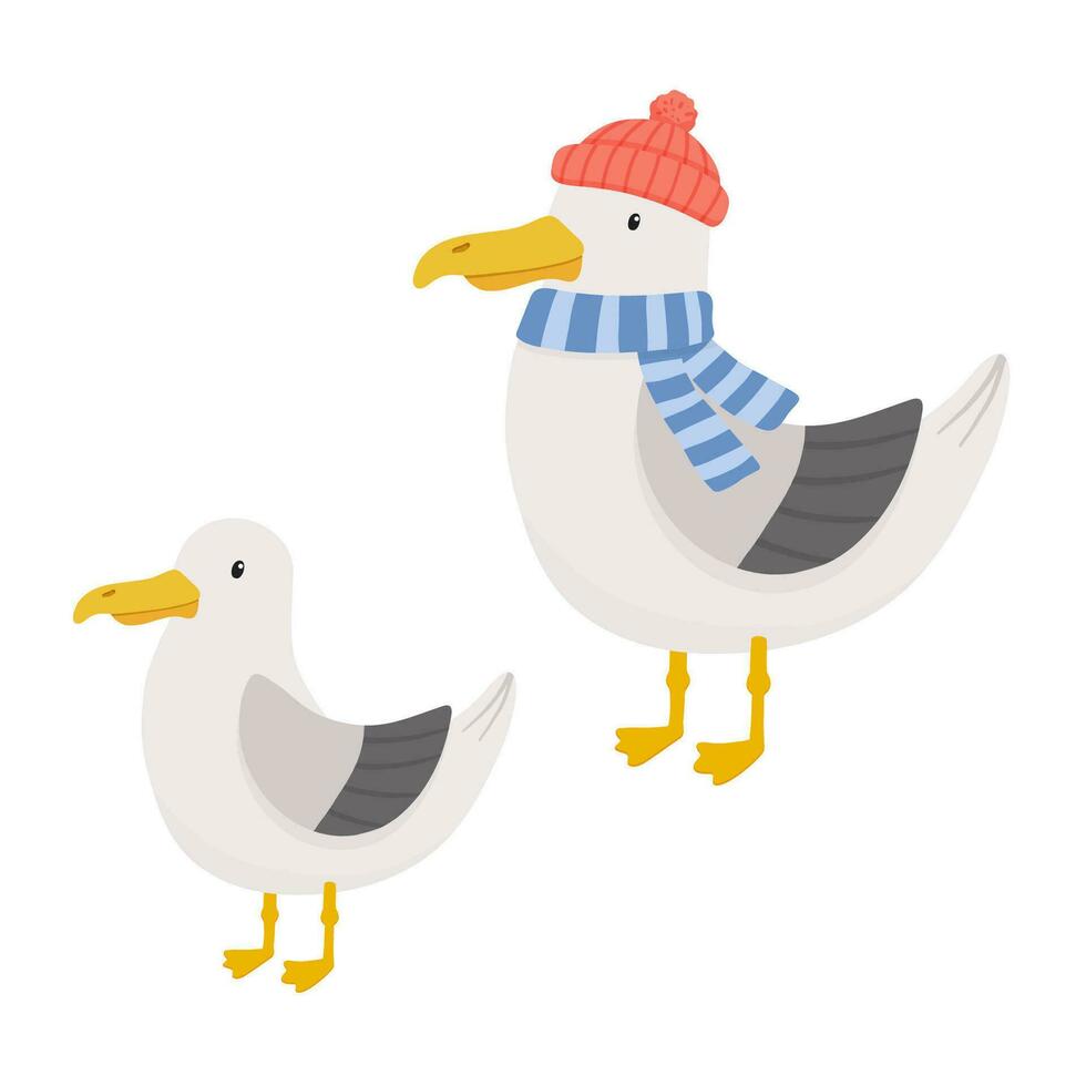 Cute seagull character with sailor red hat and scarf isolated on white. Vector cartoon nautical illustration for kids and childish card