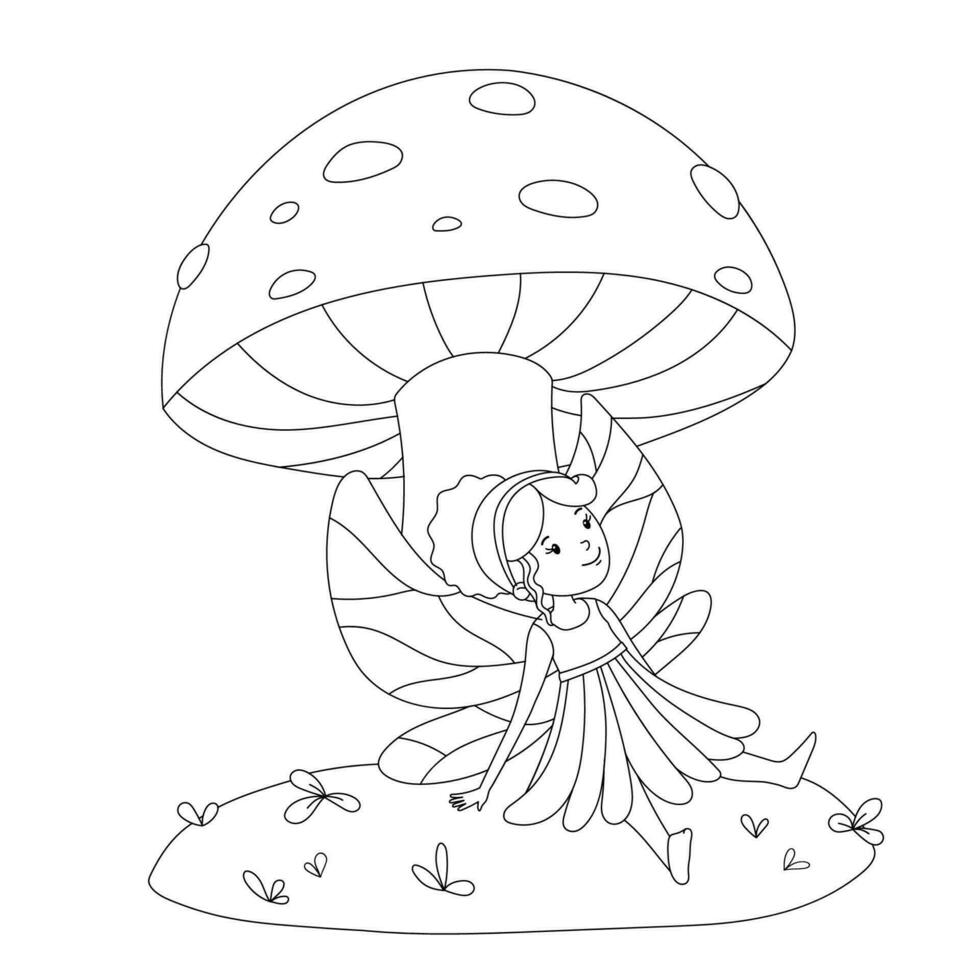 Cute little fairy sitting under mushroom isolated on white. Vector outline illustration for coloring page