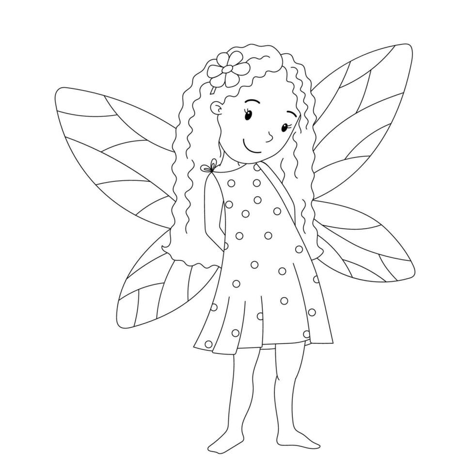Cute little fairy and magic wand isolated on white. Vector outline illustration for coloring page