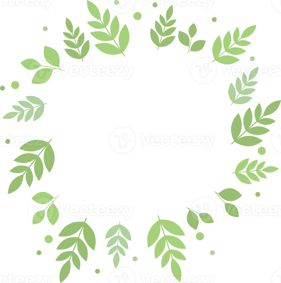 Round frame of green leaves and branches in flat png