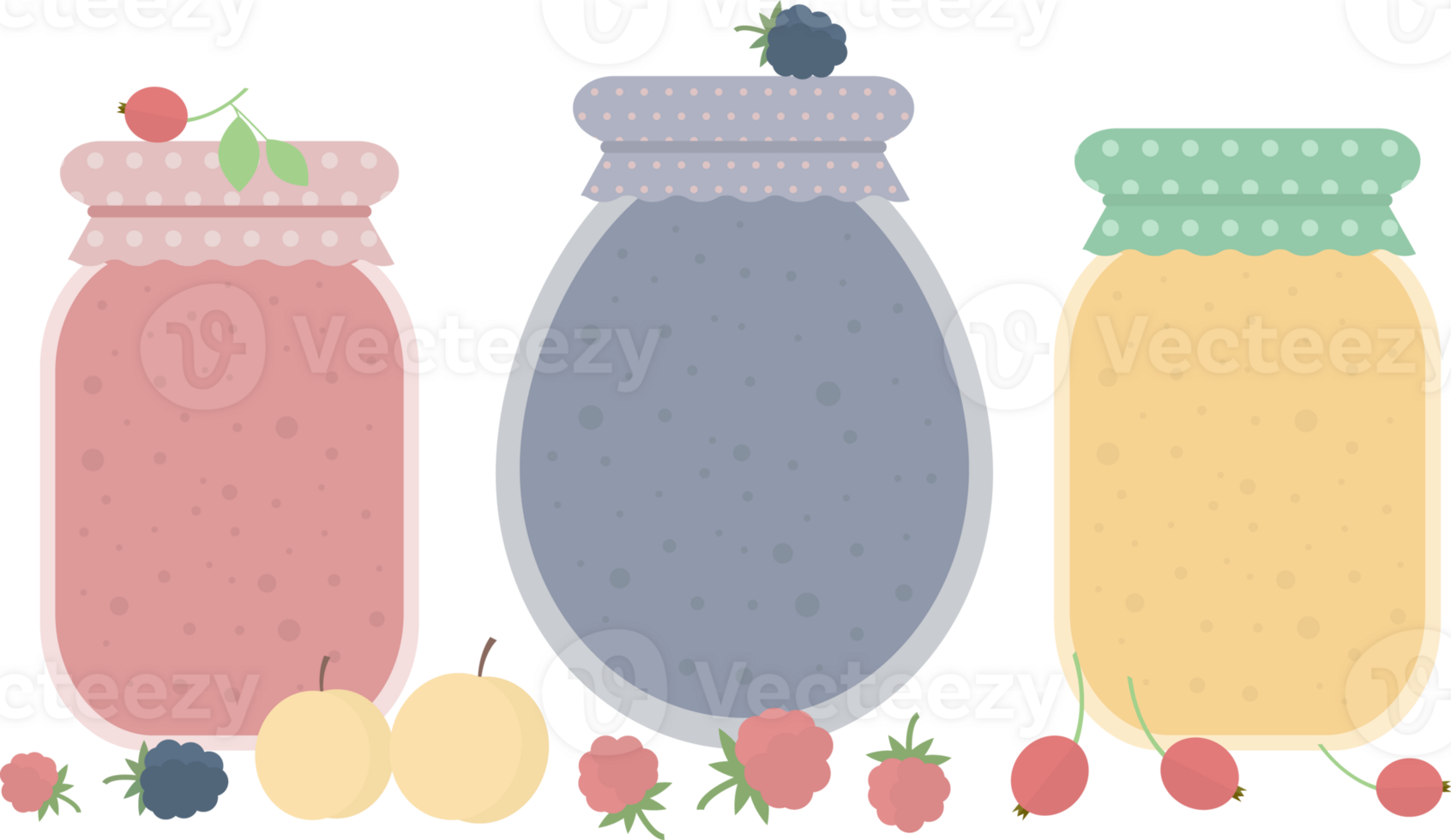 Several jars of homemade preserves standing on a table with fruits and berries in flat png