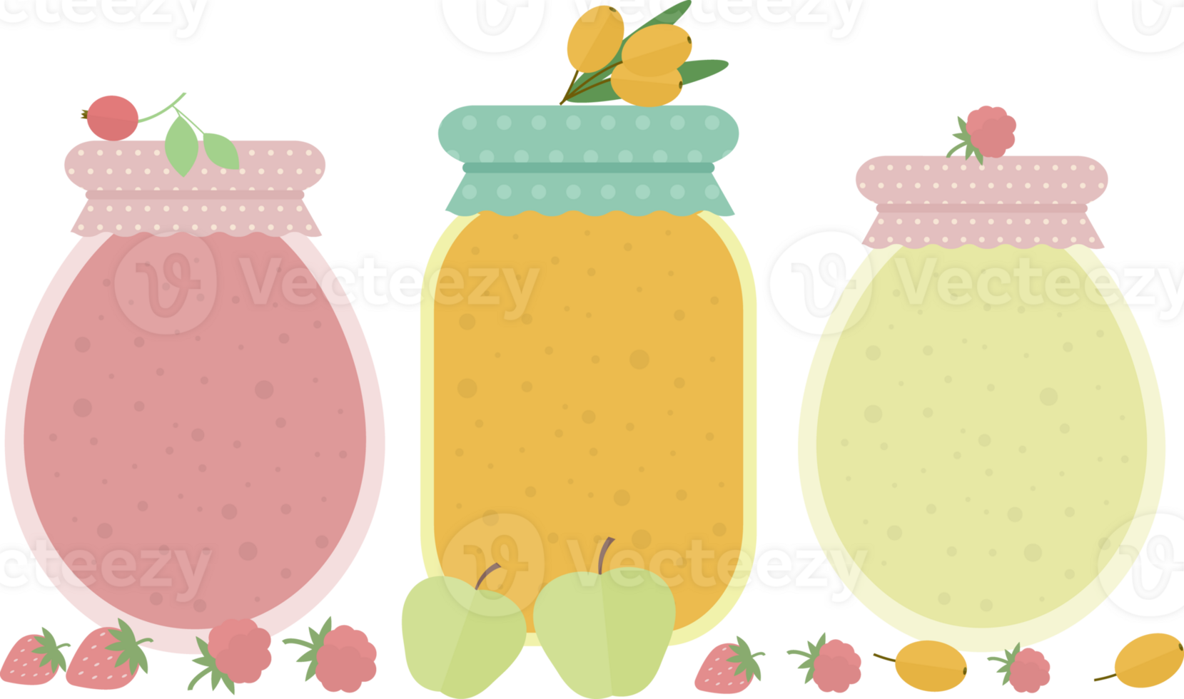 Several jars of homemade jam or juice standing on a table with fruits and berries in flat png