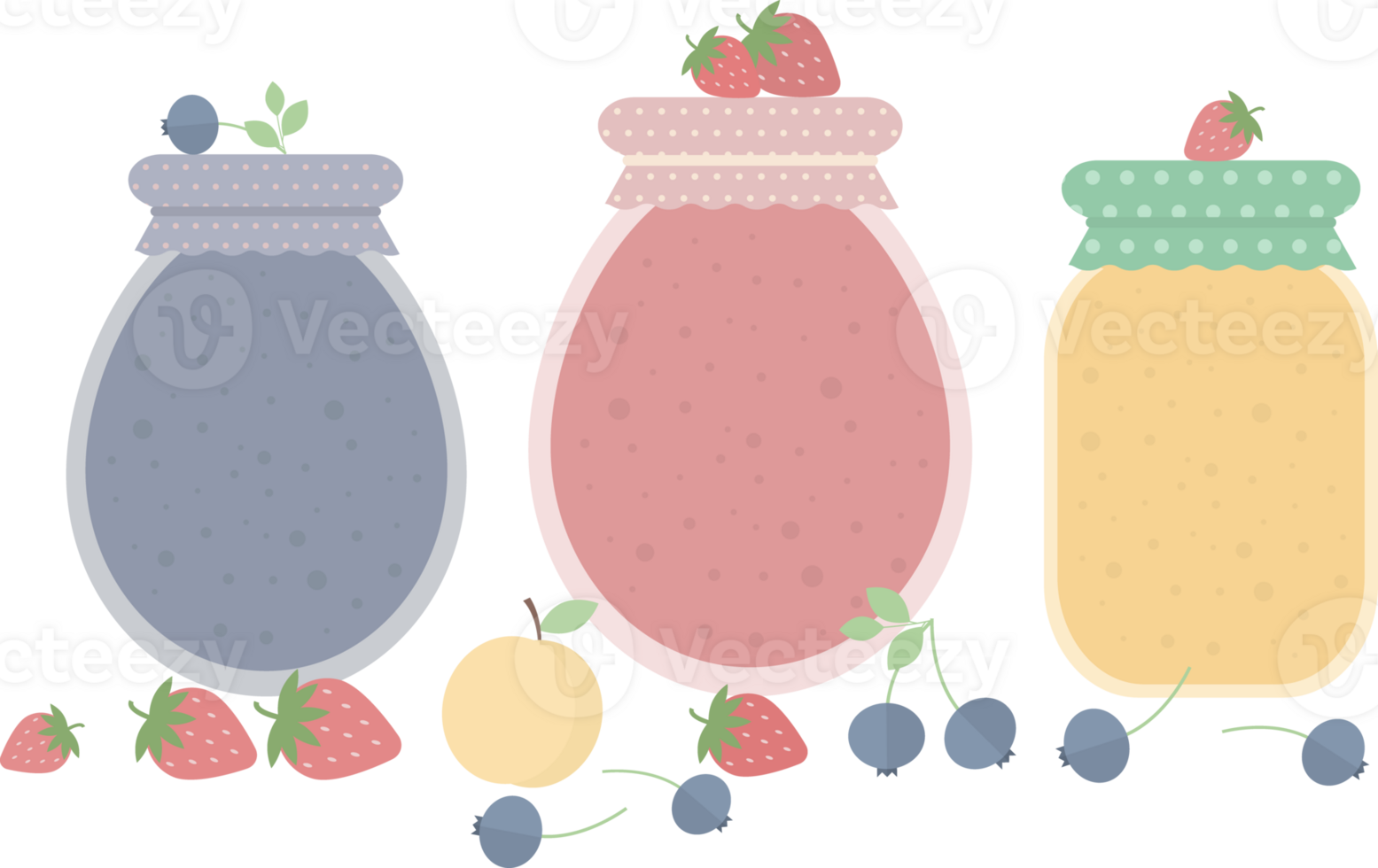 Several jars of homemade jam standing on a table with fruits and berries in flat png