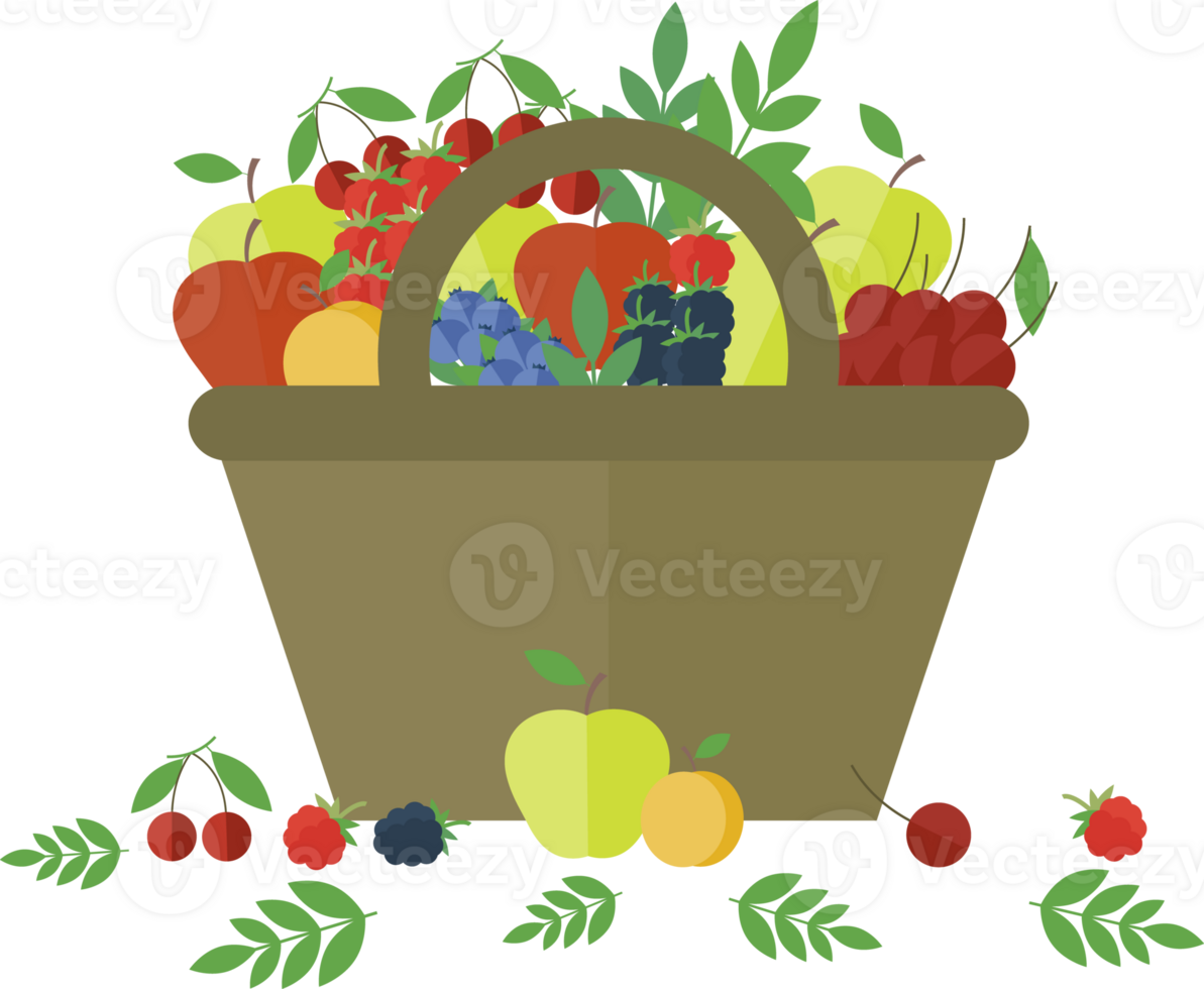 A basket with various fruits and berries and green leaves standing on a table in a flat png