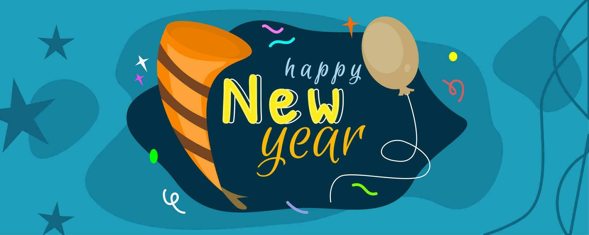 happy new year banner greetings with cone hat party and balloon vector
