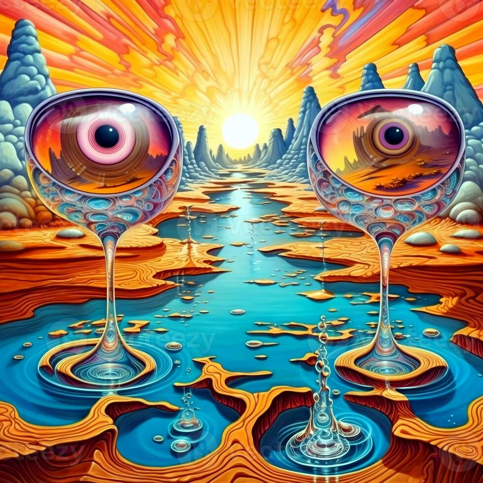 Psychedelic Poster with fantastic landscapes, mystical characters. AI Generated photo