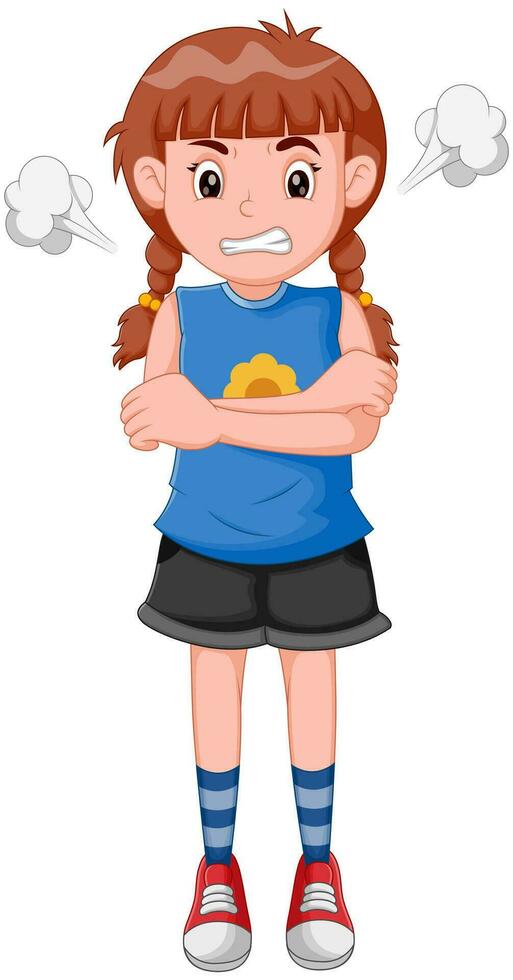 Cartoon angry little girl. Vector illustration
