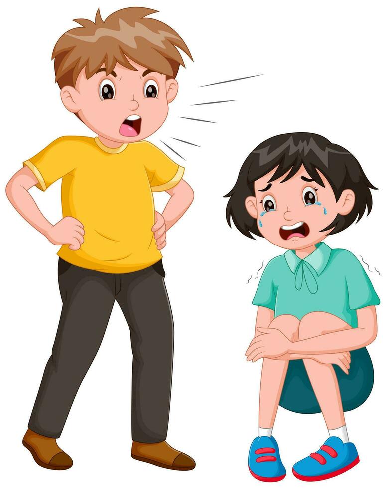 Cartoon Angry boy bullies little girl until she cries. Vector illustration