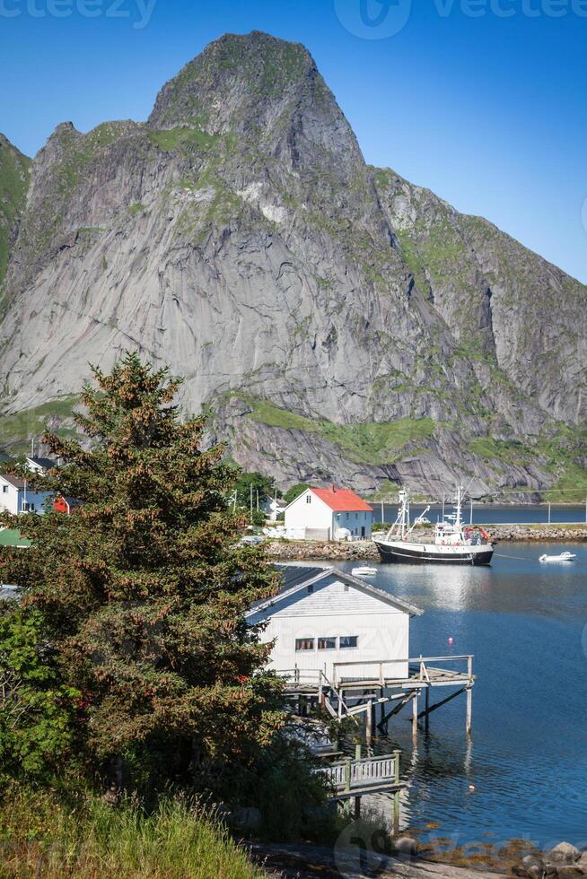 pintoresco pescar pueblo de reine por el fiordo en lofoten islas en Noruega foto