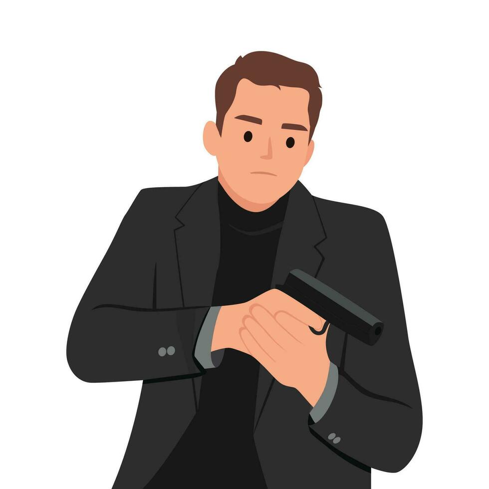 Young cool secret agent, bodyguard or assassin holding gun weapon, handgun. reload bullet. vector