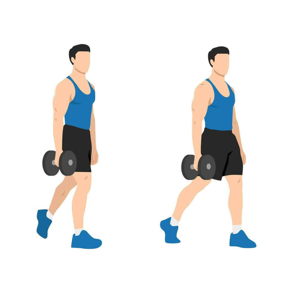 Man doing single or one arm dumbbell farmers walk or suitcase carry exercise. vector