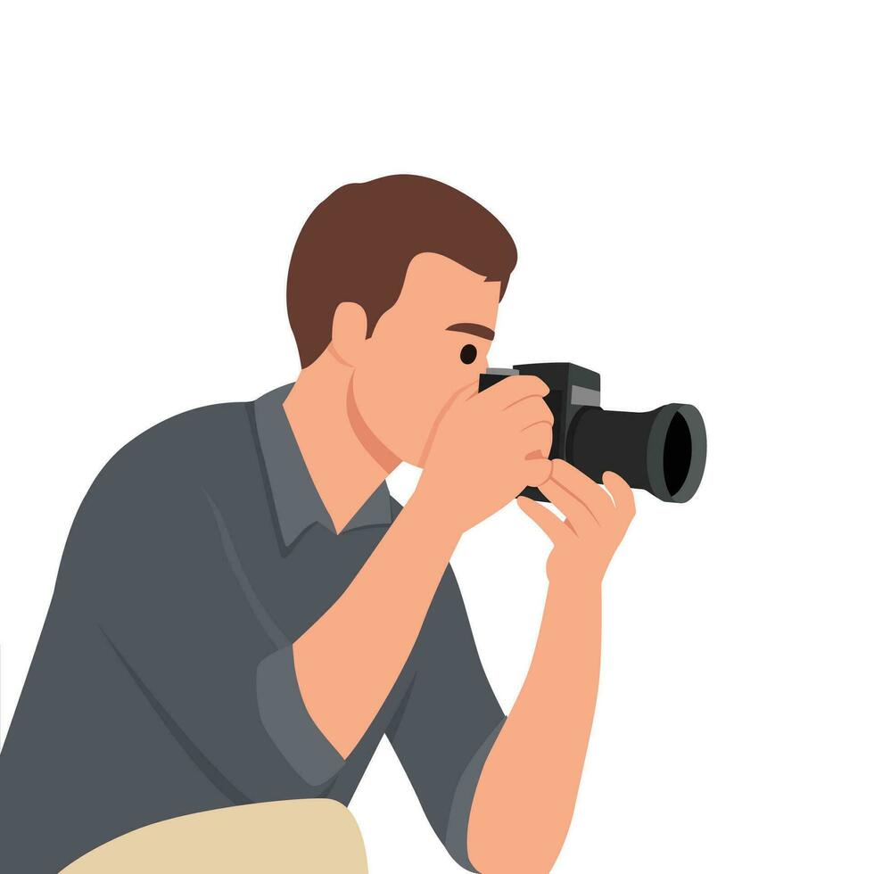 Male photographer holding a camera to take pictures. vector