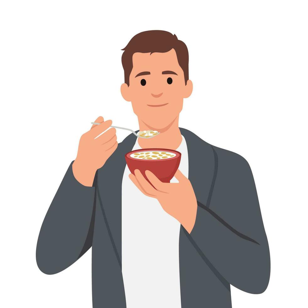 joven hombre teniendo desayuno con cereal y leche. joven masculino sentado a mesa y comer con delicioso plato. vector