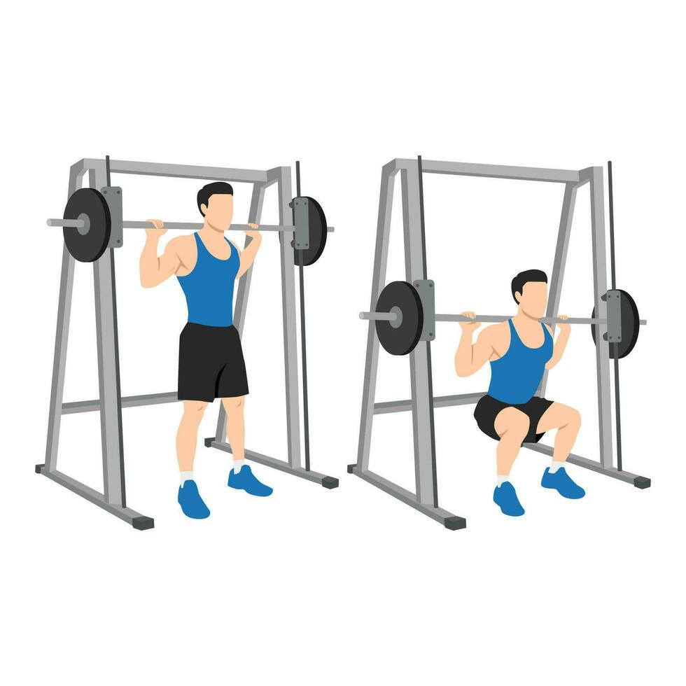 Man doing smith machine barbell squat exercise. vector