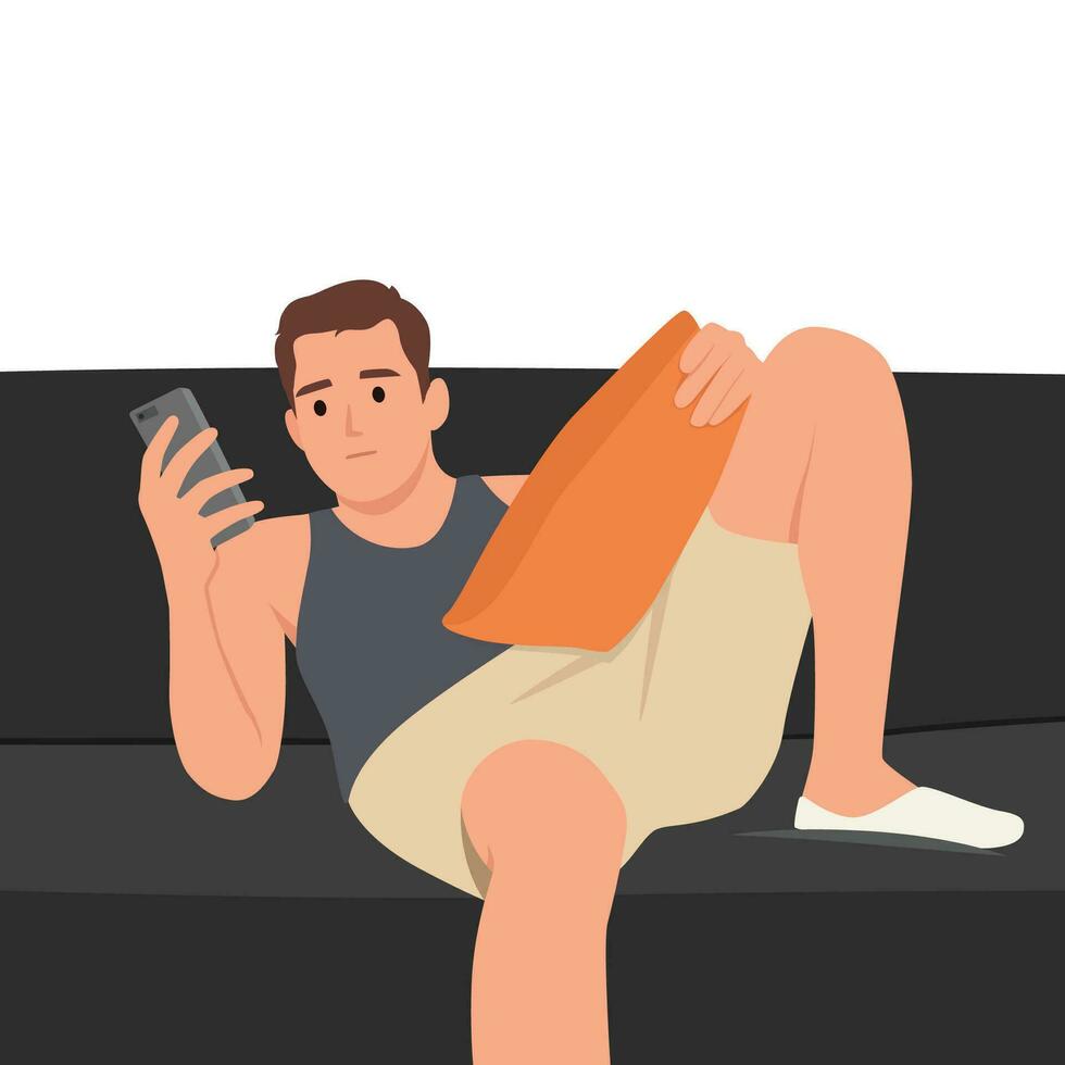 man lying on sofa in living room with mobile phone chilling cosy home. vector