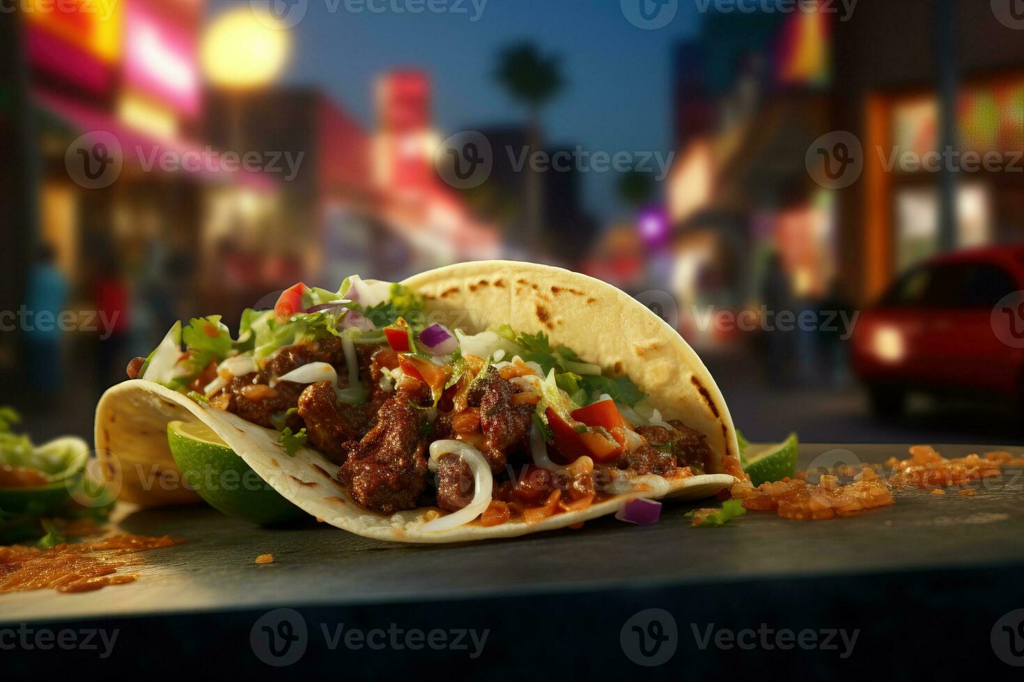 Close-up shot of a street-style taco with grilled meat, fresh salsa, and vibrant toppings photo