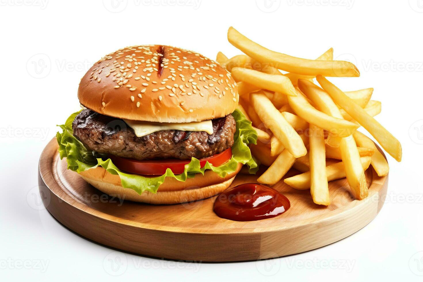 Delicious fresh tasty burger and french fries on wooden table photo