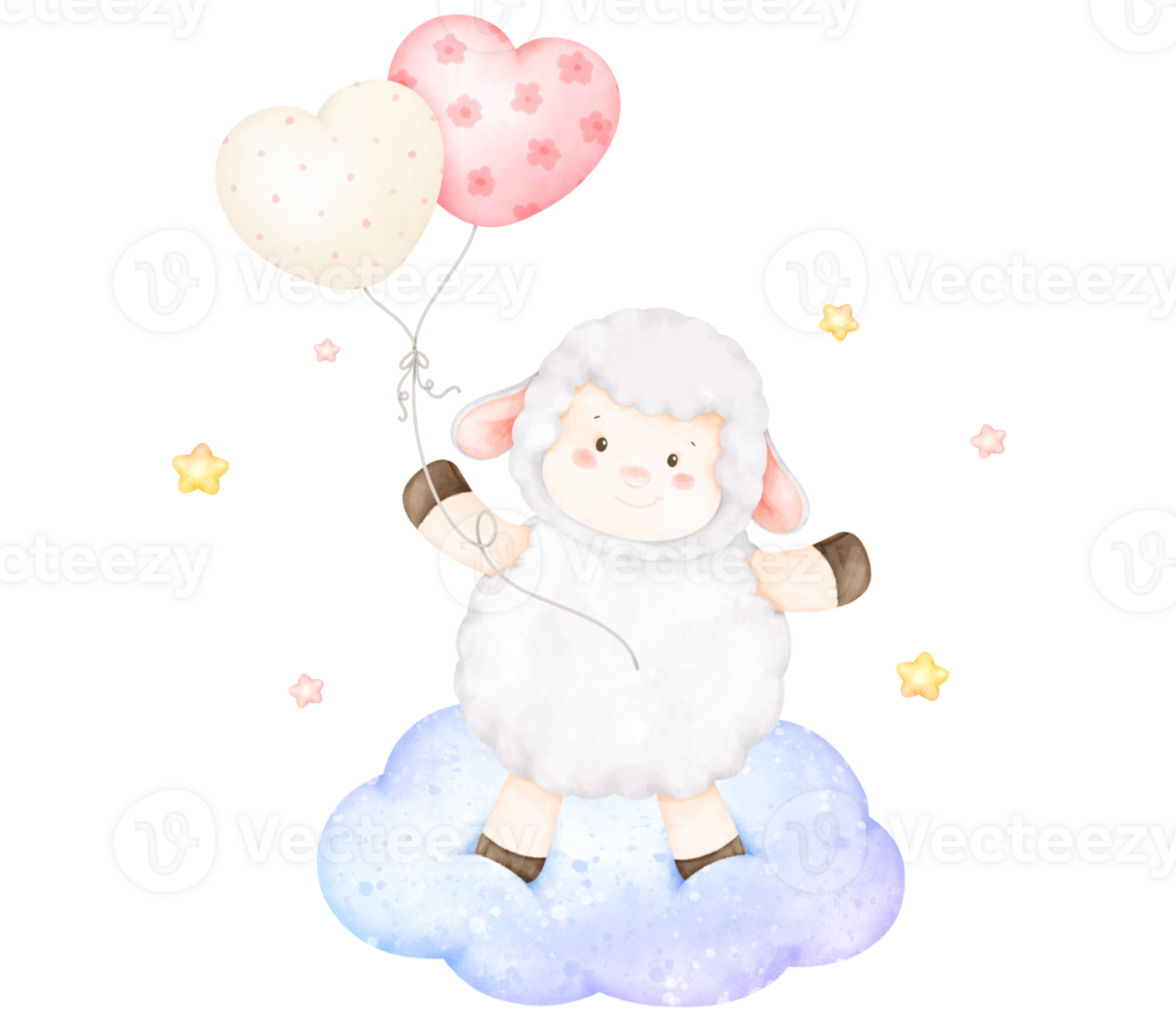 cute sheep on cloud with balloons png