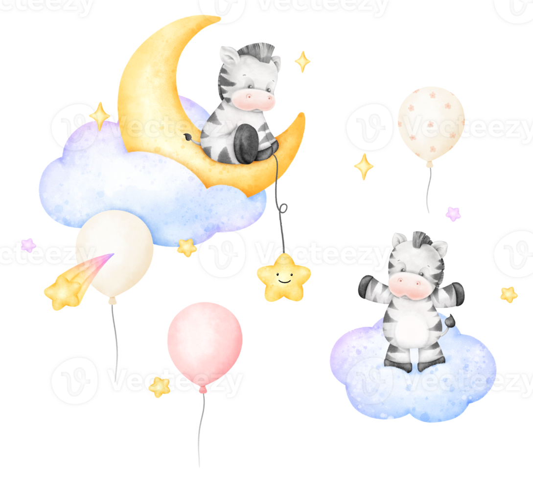 Cute Zebra on moon and cloud png