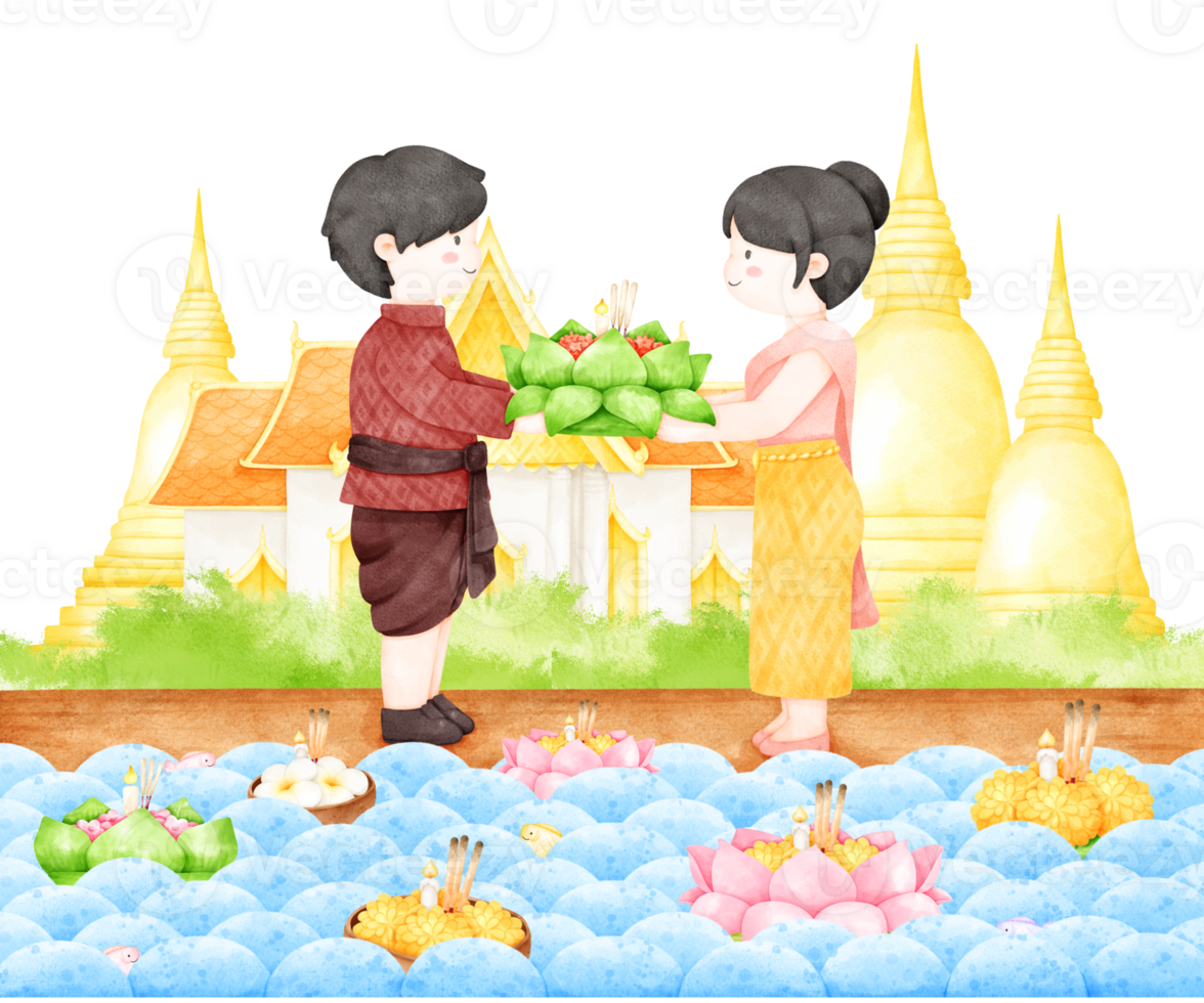 loy krathong festival and couple in traditional costume png