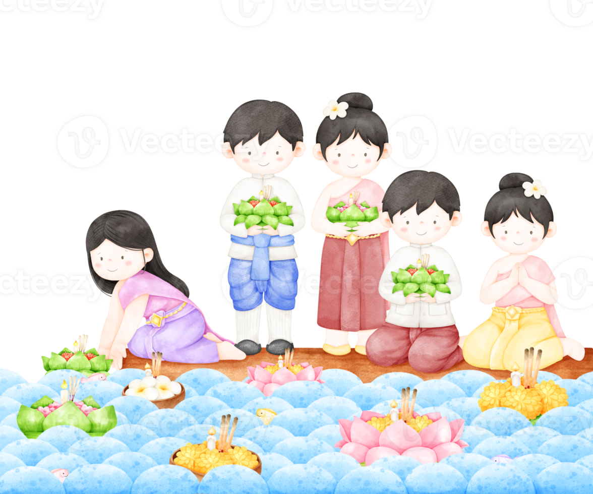 loy krathong festival with thai people in traditional dress png